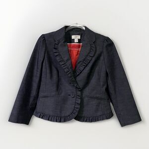 Loft Crop Blazer Ruffle Trim 3/4 Sleeves Blazer Womens 0P Blue Office Siren Corp